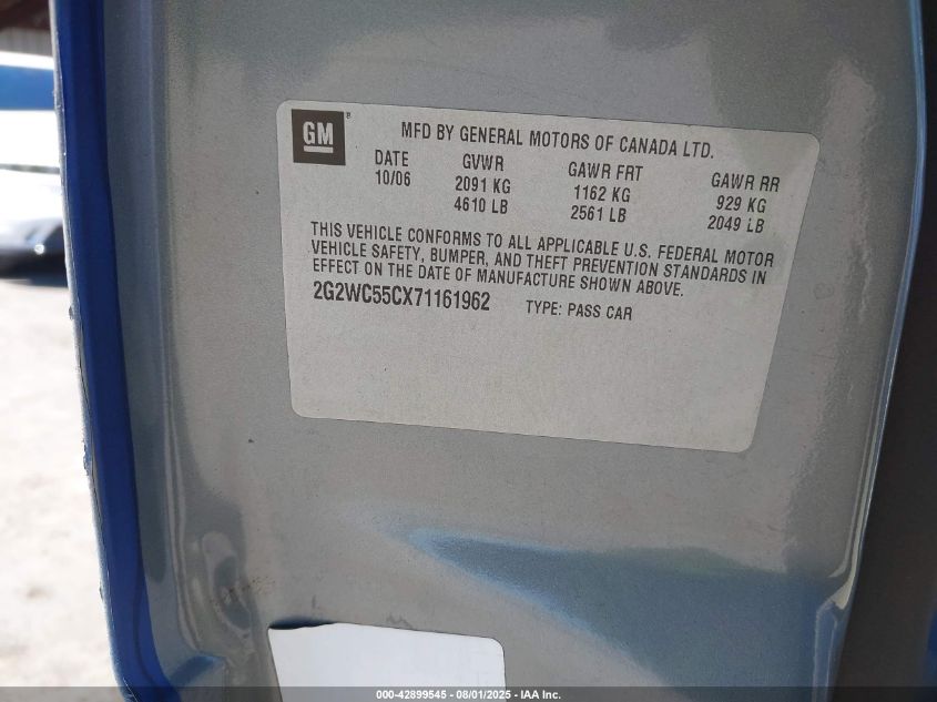 2007 Pontiac Grand Prix Gxp VIN: 2G2WC55CX71161962 Lot: 42899545