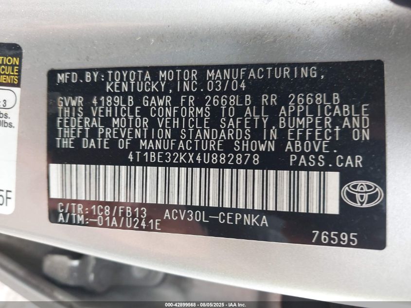 2004 Toyota Camry Le VIN: 4T1BE32KX4U882878 Lot: 42899568