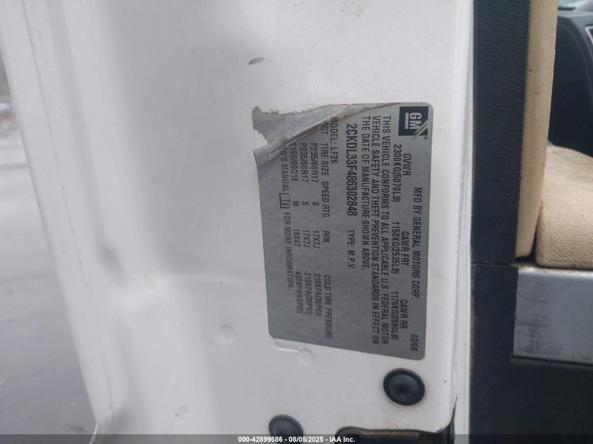 2008 Pontiac Torrent VIN: 2CKDL33F486302848 Lot: 42899586