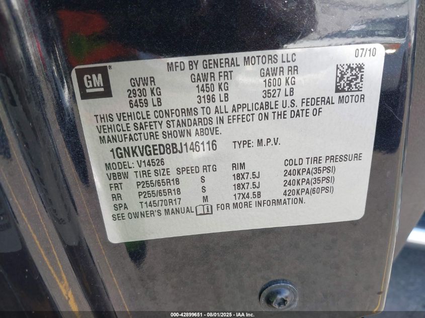 2011 Chevrolet Traverse 1Lt VIN: 1GNKVGED8BJ146116 Lot: 42899651