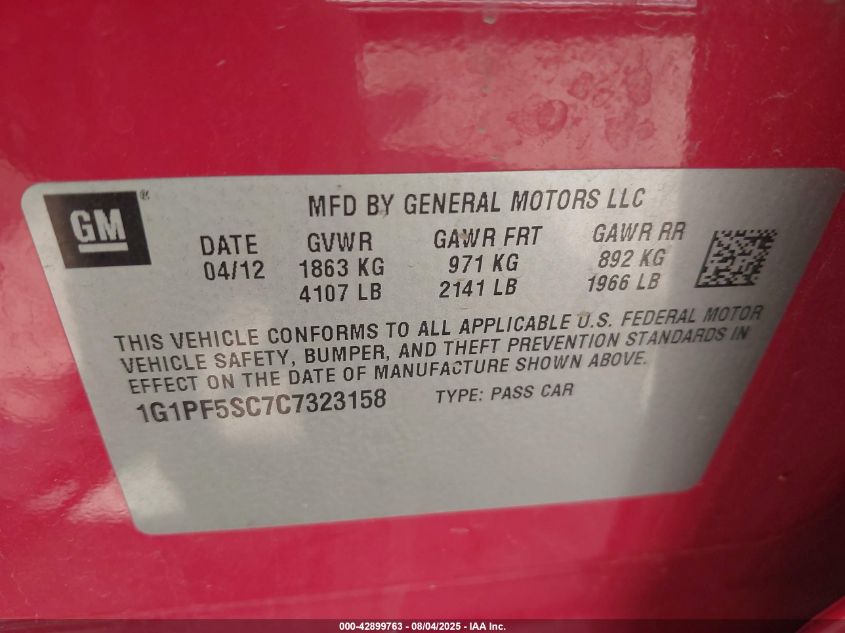 2012 Chevrolet Cruze 1Lt VIN: 1G1PF5SC7C7323158 Lot: 42899763