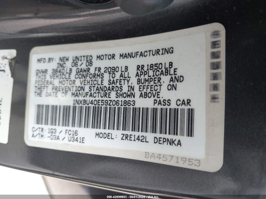 2009 Toyota Corolla Le VIN: 1NXBU40E59Z061863 Lot: 42899953