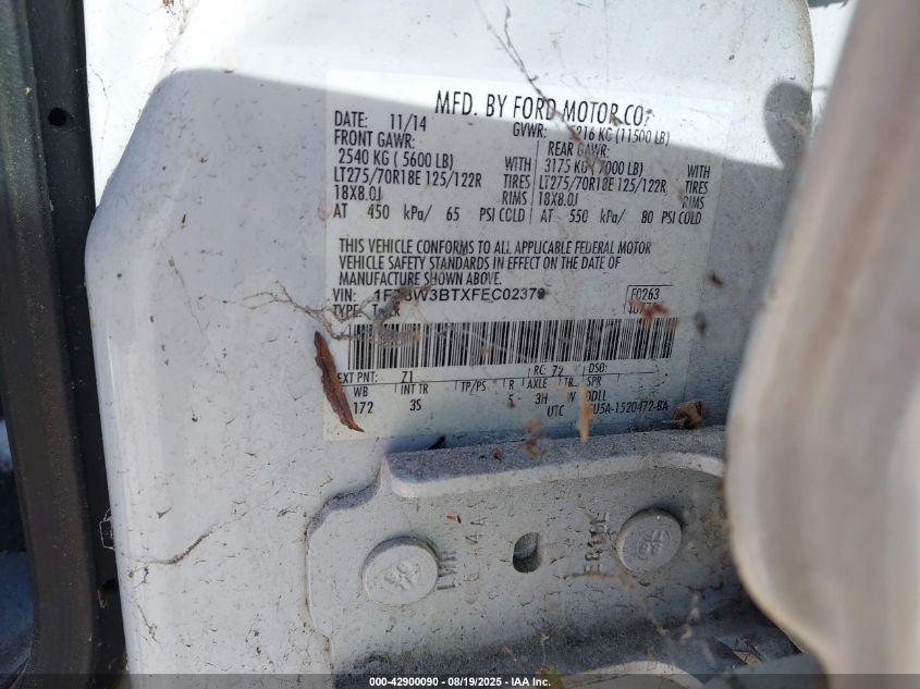 2015 Ford F-350 Lariat/Xl/Xlt VIN: 1FT8W3BTXFECD2379 Lot: 42900090