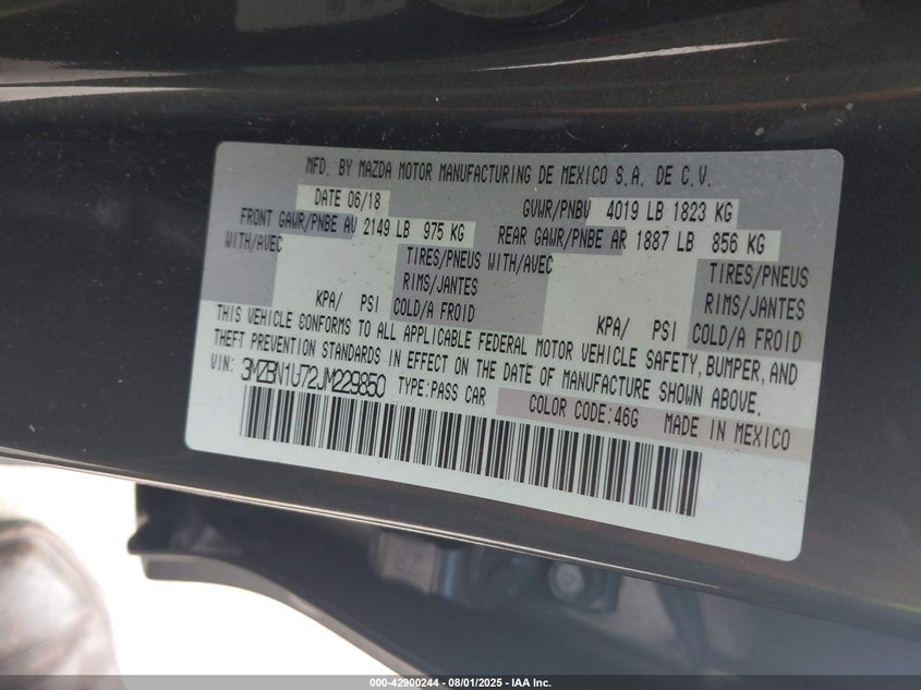 VIN 3MZBN1U72JM229850 2018 MAZDA MAZDA3 SPORT