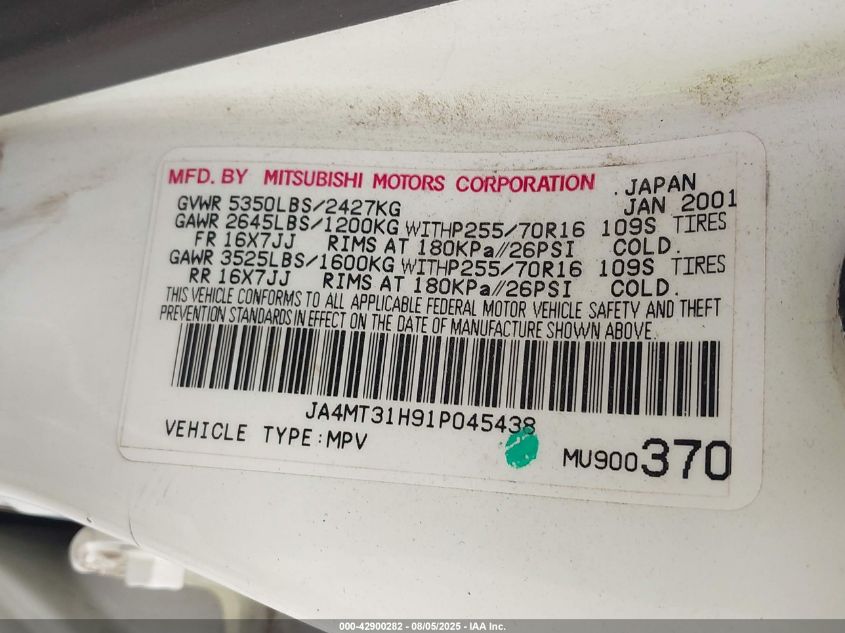 2001 Mitsubishi Montero Sport Xls VIN: JA4MT31H91P045438 Lot: 42900282