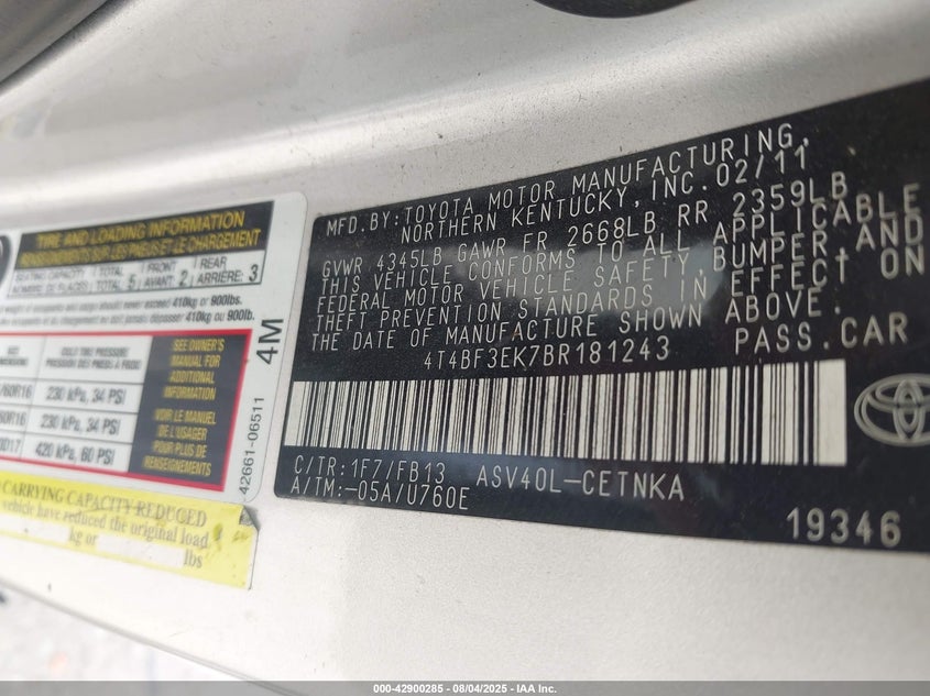 2011 Toyota Camry VIN: 4T4BF3EK7BR181243 Lot: 42900285