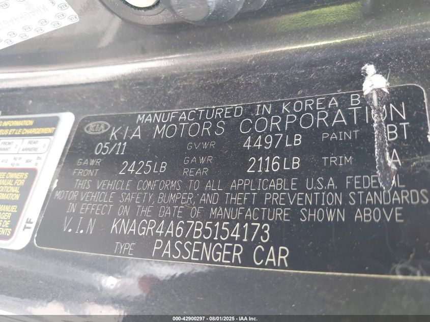 2011 Kia Optima Sx VIN: KNAGR4A67B5154173 Lot: 42900297