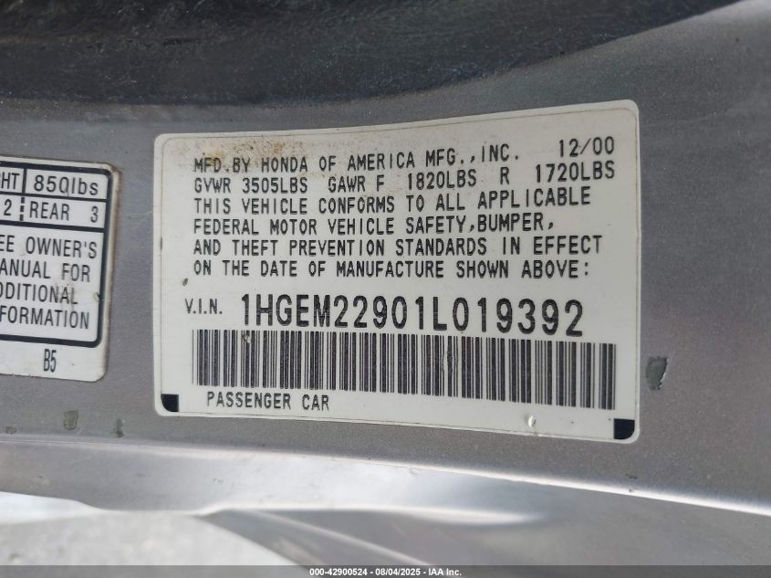 2001 Honda Civic Ex VIN: 1HGEM22901L019392 Lot: 42900524