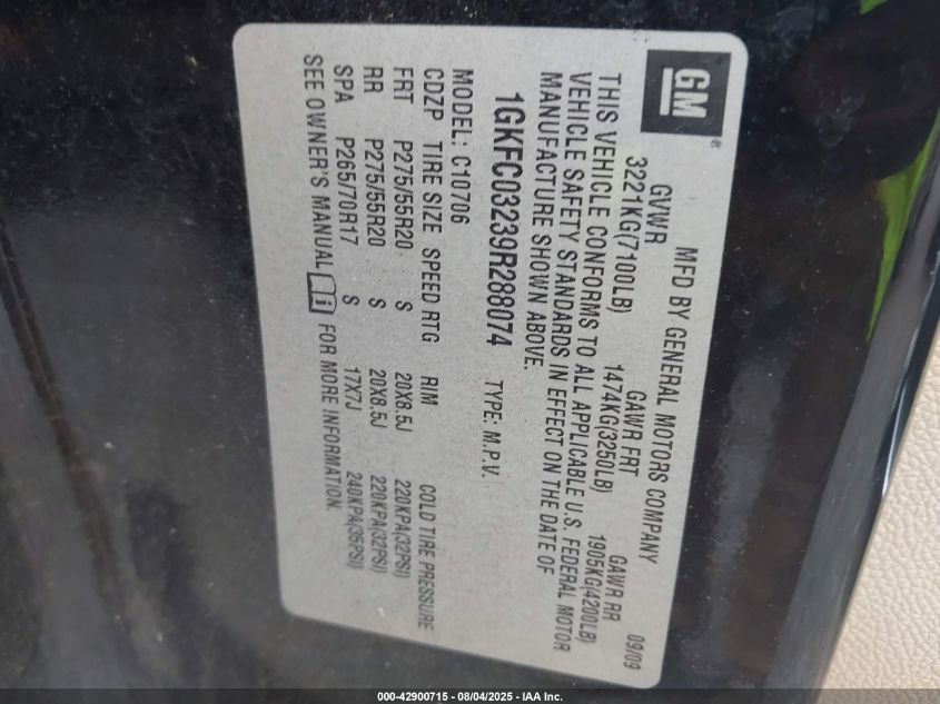 2009 GMC Yukon Denali VIN: 1GKFC03239R288074 Lot: 42900715