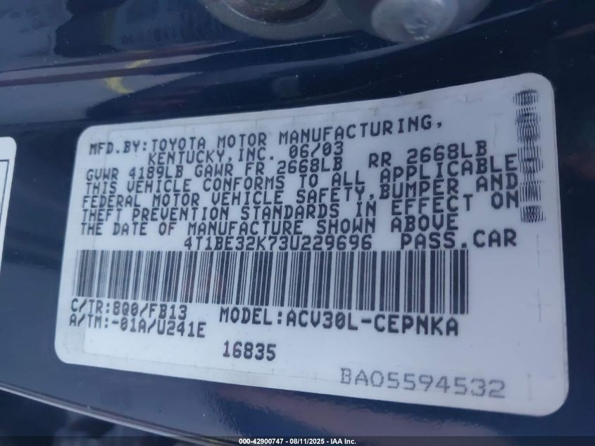 2003 Toyota Camry Le VIN: 4T1BE32K73U229696 Lot: 42900747