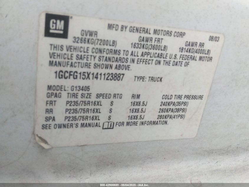 2004 Chevrolet Express VIN: 1GCFG15X141123887 Lot: 42900889