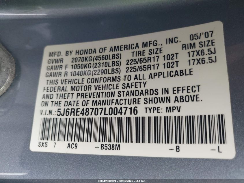 2007 Honda Cr-V Ex-L VIN: 5J6RE48707L004716 Lot: 42900924