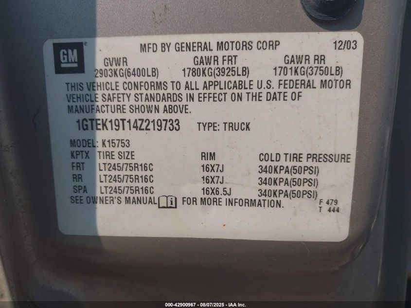 2004 GMC New Sierra K1500 VIN: 1GTEK19T14Z219733 Lot: 42900967