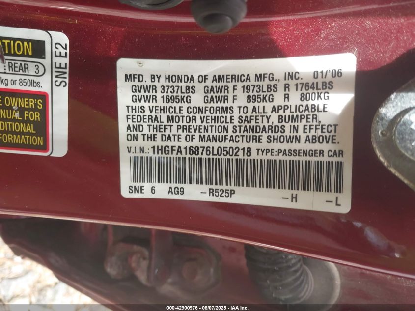 2006 Honda Civic Ex VIN: 1HGFA16876L050218 Lot: 42900976