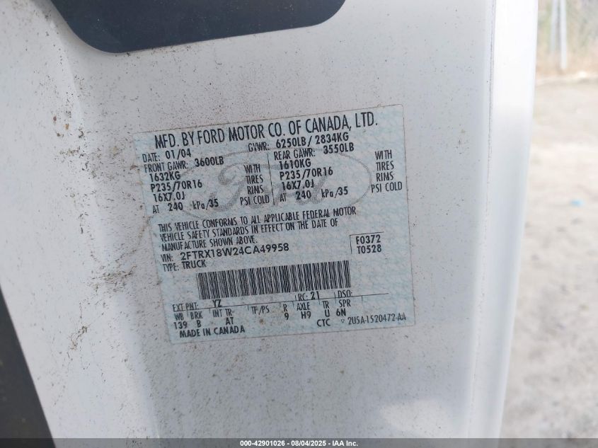 2004 Ford F-150 Heritage Xl/Xlt VIN: 2FTRX18W24CA49958 Lot: 42901026