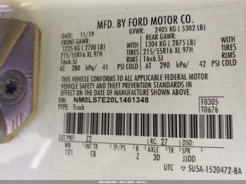 VIN NM0LS7E20L1461348 2020 FORD TRANSIT CONNECT XL CARGO VAN