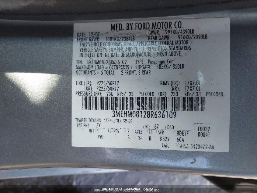 2008 Mercury Milan V6 Premier VIN: 3MEHM08128R636109 Lot: 42901123