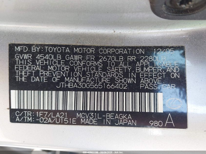 2006 Lexus Es 330 VIN: JTHBA30G565166402 Lot: 42901196