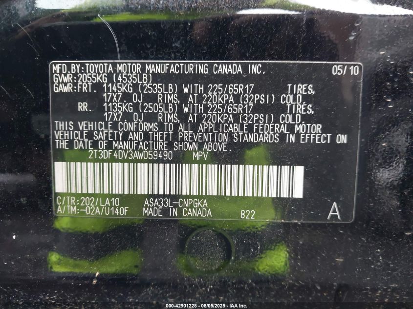 2010 Toyota Rav4 Limited VIN: 2T3DF4DV3AW059490 Lot: 42901228