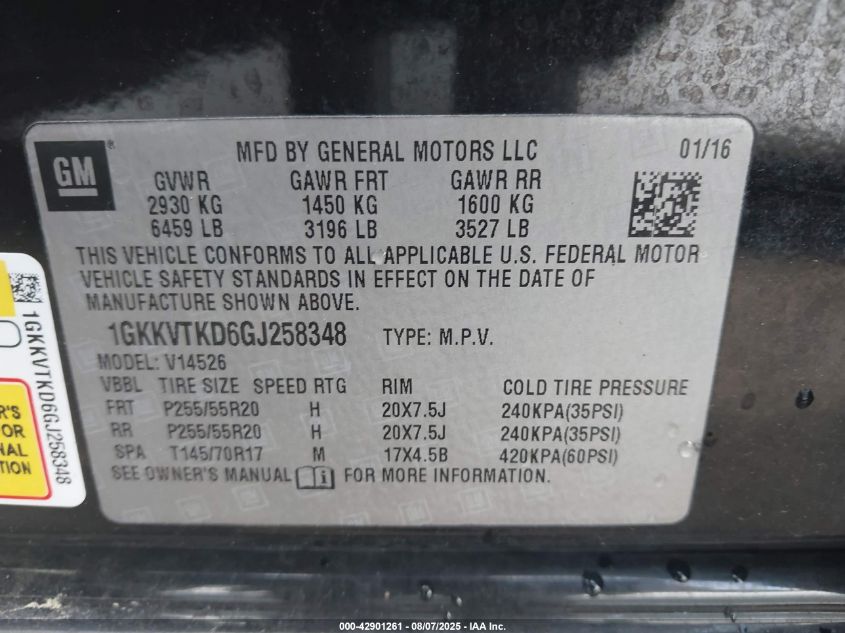 2016 GMC Acadia Denali VIN: 1GKKVTKD6GJ258348 Lot: 42901261