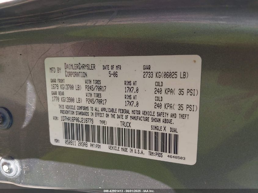 2006 Dodge Ram 1500 Laramie/Slt/St VIN: 1D7HA16P06S218779 Lot: 42901413