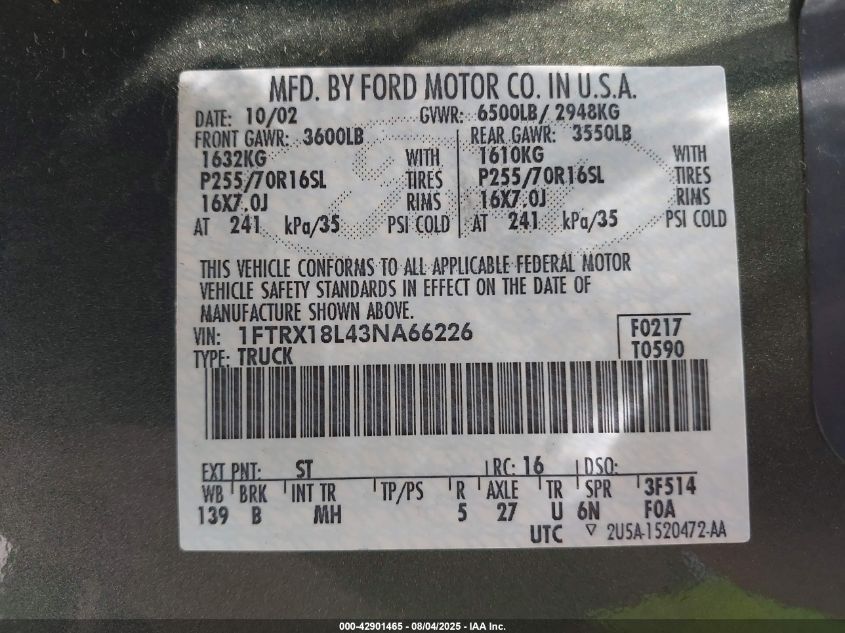 2003 Ford F-150 Lariat/Xl/Xlt VIN: 1FTRX18L43NA66226 Lot: 42901465