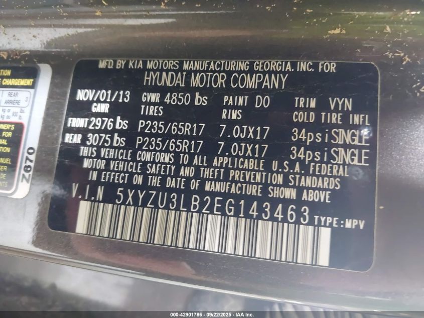 2014 Hyundai Santa Fe Sport 2.4L VIN: 5XYZU3LB2EG143463 Lot: 42901786