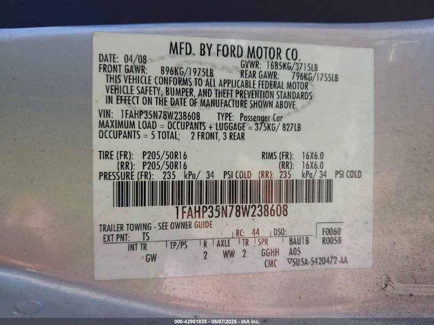 2008 Ford Focus Se/Ses VIN: 1FAHP35N78W238608 Lot: 42901835