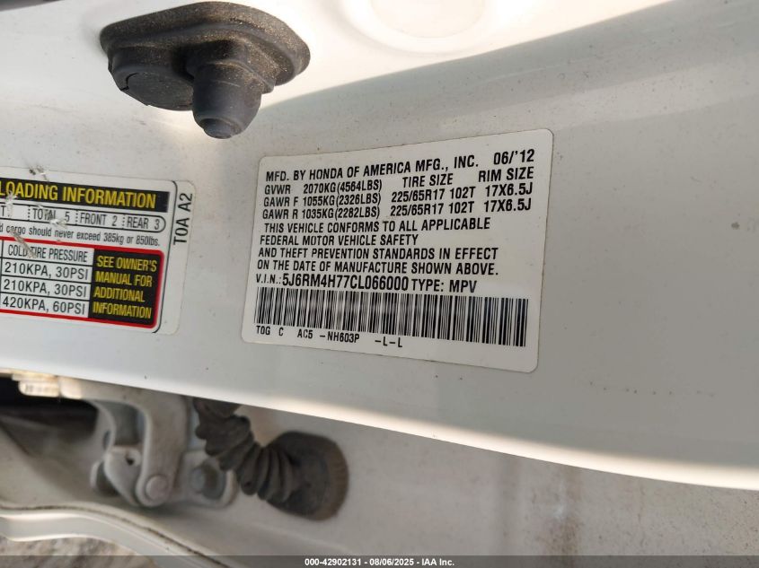 2012 Honda Cr-V Ex-L VIN: 5J6RM4H77CL066000 Lot: 42902131