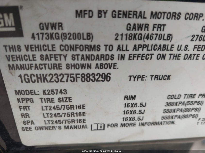 2005 Chevrolet Silverado 2500Hd Lt VIN: 1GCHK23275F883296 Lot: 42902136