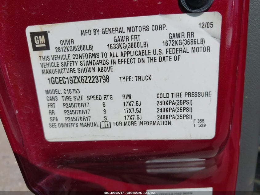 2006 Chevrolet Silverado 1500 Lt2 VIN: 1GCEC19ZX6Z223798 Lot: 42902217