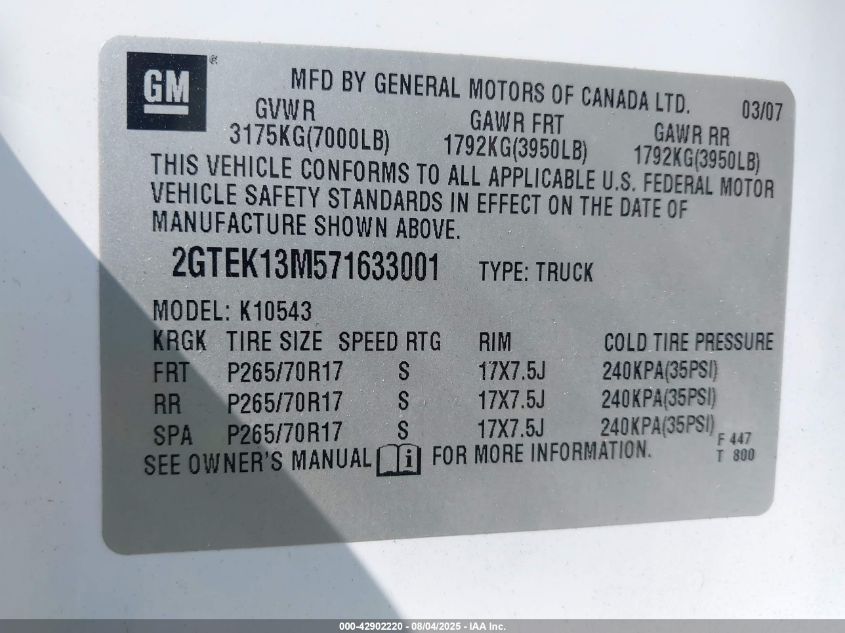 2007 GMC Sierra 1500 Slt VIN: 2GTEK13M571633001 Lot: 42902220
