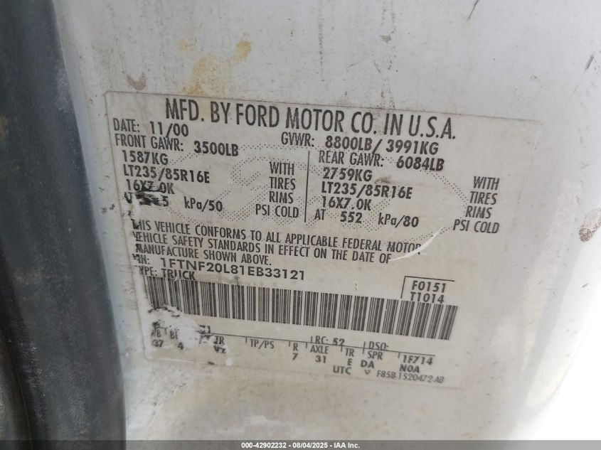 2001 Ford F-250 Xl/Xlt VIN: 1FTNF20L81EB33121 Lot: 42902232