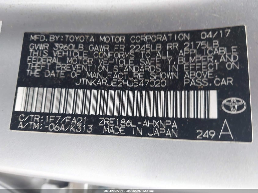 2017 Toyota Corolla Im VIN: JTNKARJE2HJ547020 Lot: 42902261