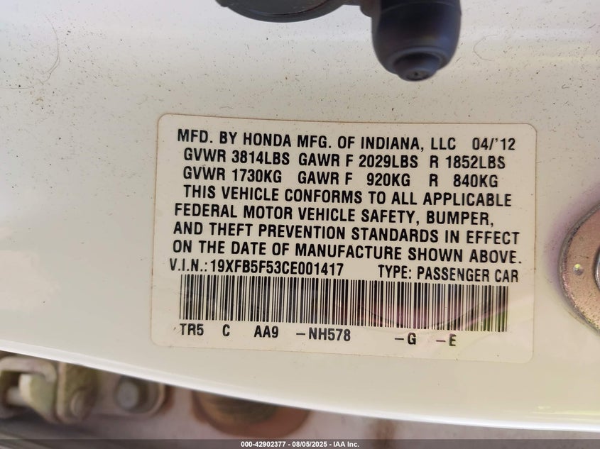 2012 Honda Civic Natural Gas VIN: 19XFB5F53CE001417 Lot: 42902377