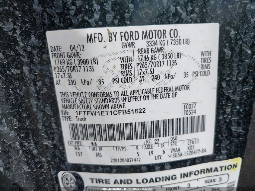 2012 Ford F-150 Xlt VIN: 1FTFW1ET1CFB51822 Lot: 42902464