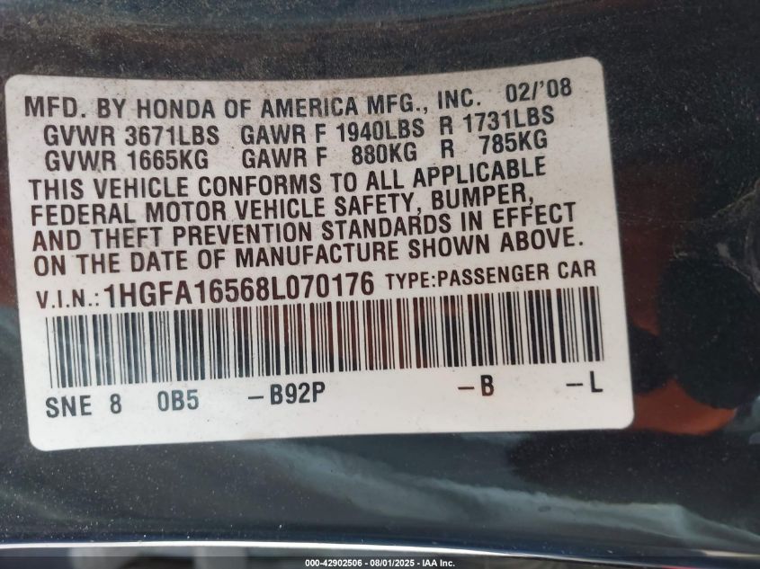 2008 Honda Civic Lx VIN: 1HGFA16568L070176 Lot: 42902506
