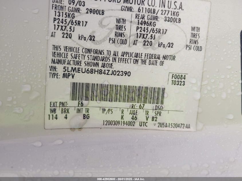 2004 Lincoln Aviator VIN: 5LMEU68H84ZJ02390 Lot: 42902600
