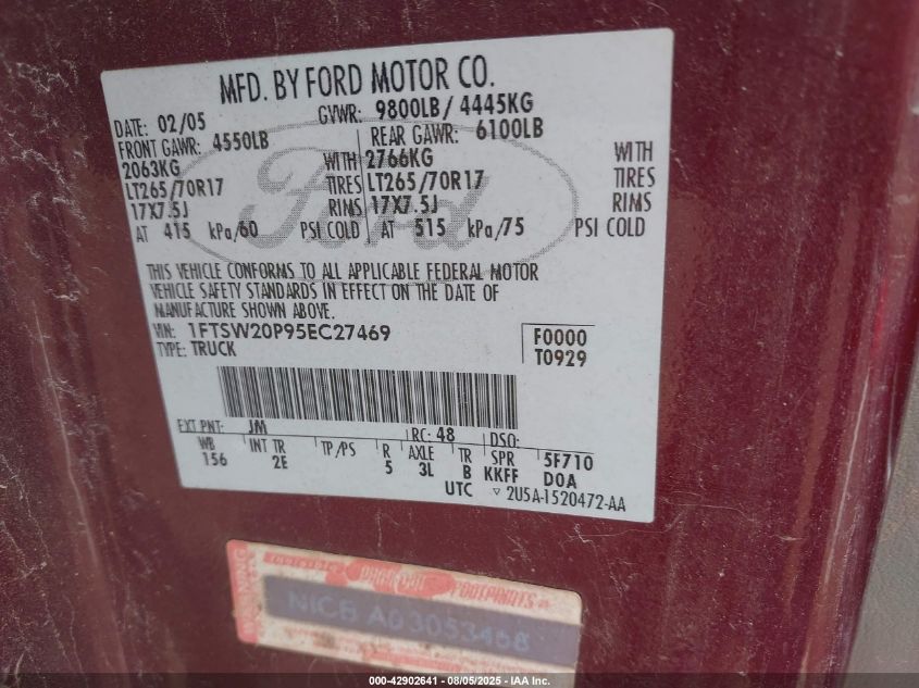 2005 Ford F-250 Lariat/Xl/Xlt VIN: 1FTSW20P95EC27469 Lot: 42902641