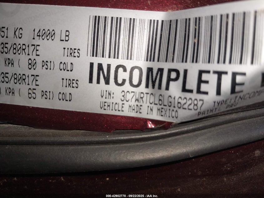 2020 Ram 3500 Chassis Tradesman/Slt/Laramie/Limited VIN: 3C7WRTCL6LG162287 Lot: 42902778