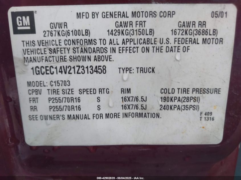 2001 Chevrolet Silverado 1500 Ls VIN: 1GCEC14V21Z313458 Lot: 42902839