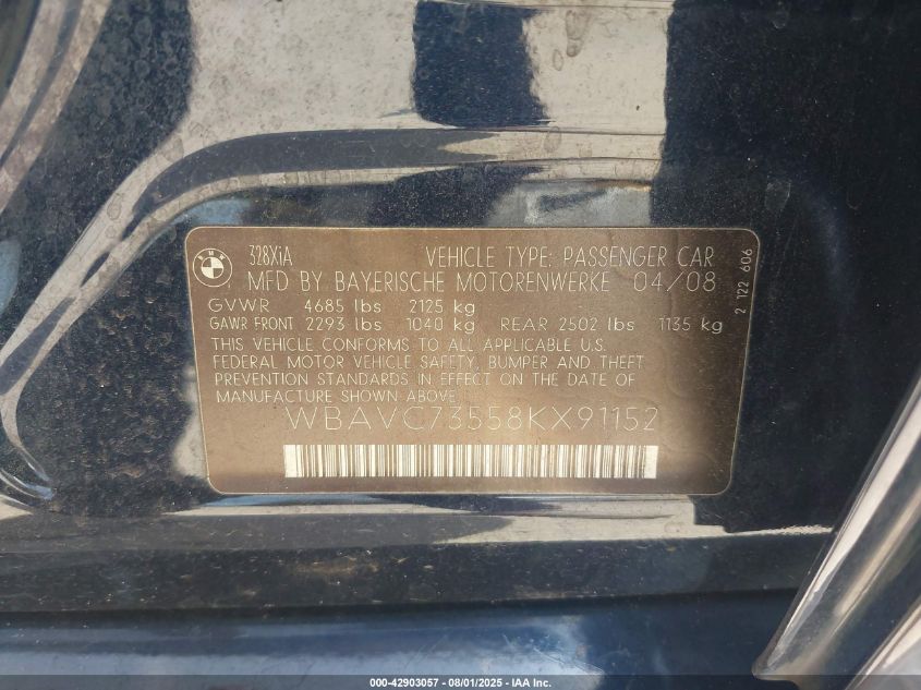 2008 BMW 328Xi VIN: WBAVC73558KX91152 Lot: 42903057