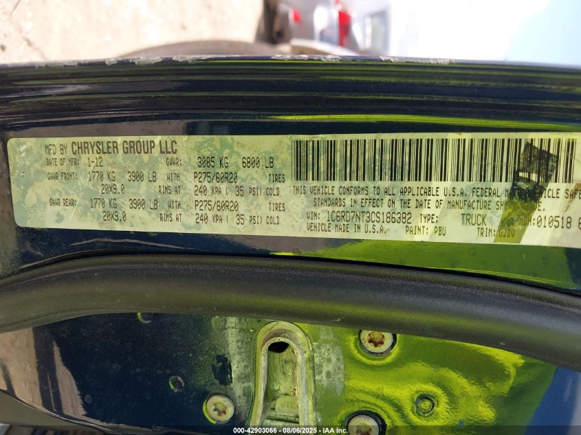 2012 Ram 1500 Laramie VIN: 1C6RD7NT3CS186382 Lot: 42903066