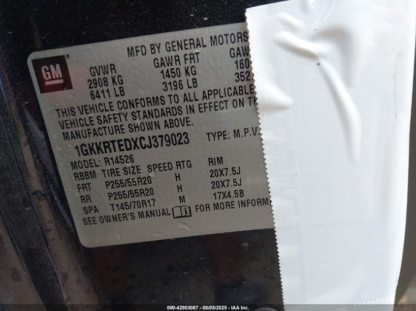 2012 GMC Acadia Denali VIN: 1GKKRTEDXCJ379023 Lot: 42903087