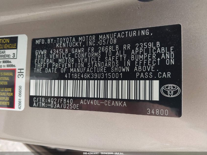2009 Toyota Camry Se/Le/Xle VIN: 4T1BE46K39U315001 Lot: 42903093
