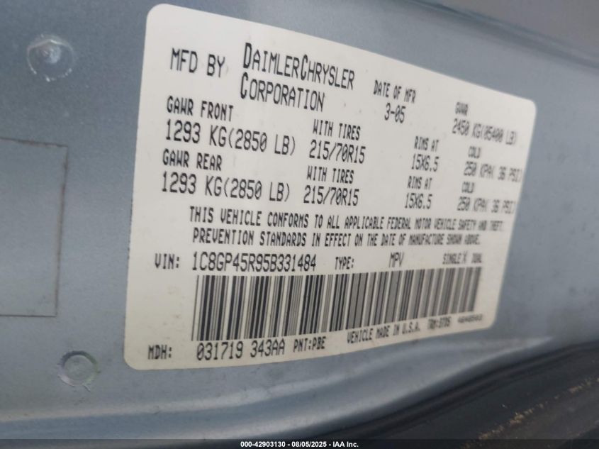 2005 Chrysler Town And Country VIN: ICHGP45R95B331484 Lot: 42903130