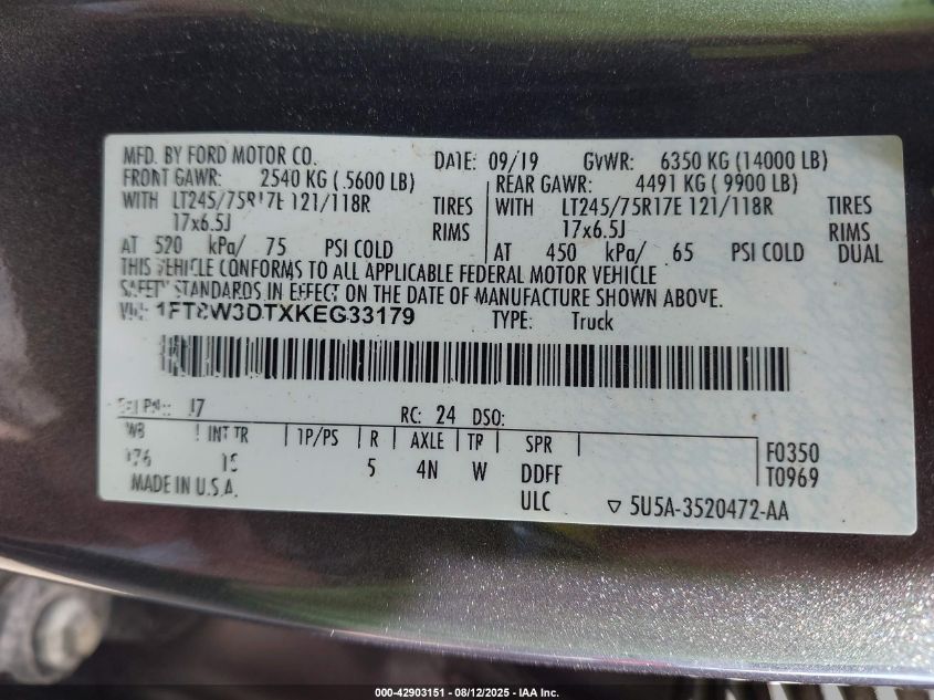2019 Ford F-350 Xl VIN: 1FT8W3DTXKEG33179 Lot: 42903151