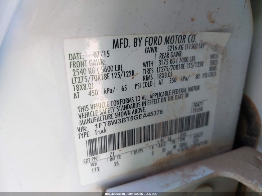 2016 Ford F-350 Xl VIN: 1FT8W3BT5GEA45376 Lot: 42903318