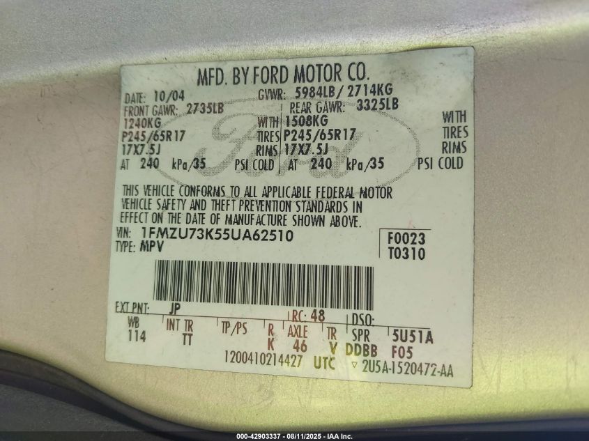 2005 Ford Explorer Xlt/Xlt Sport VIN: 1FMZU73K55UA62510 Lot: 42903337