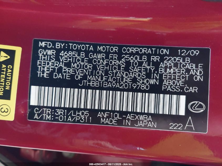 2010 Lexus Hs 250H Premium VIN: JTHBB1BA9A2019780 Lot: 42903417